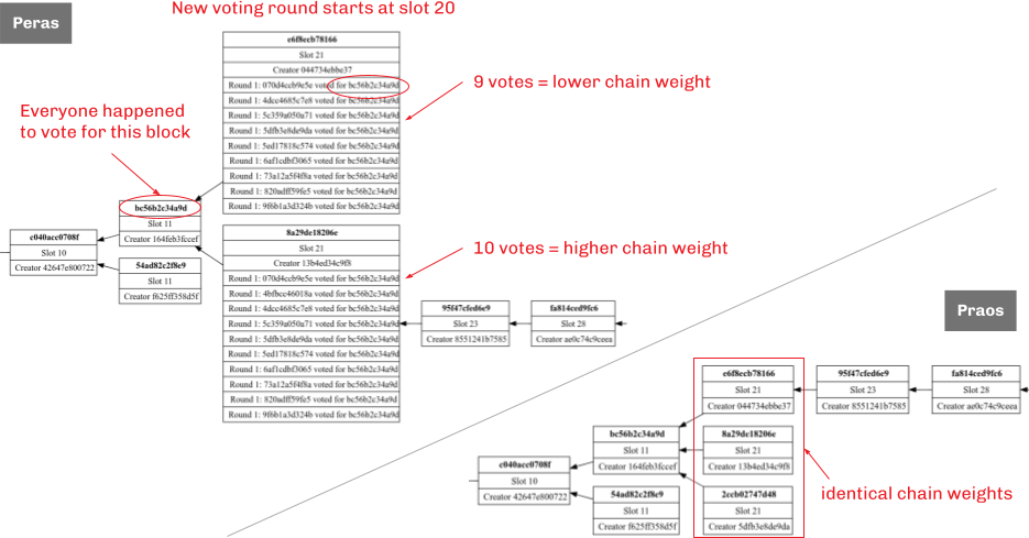 Detail of Peras and Praos chain comparison